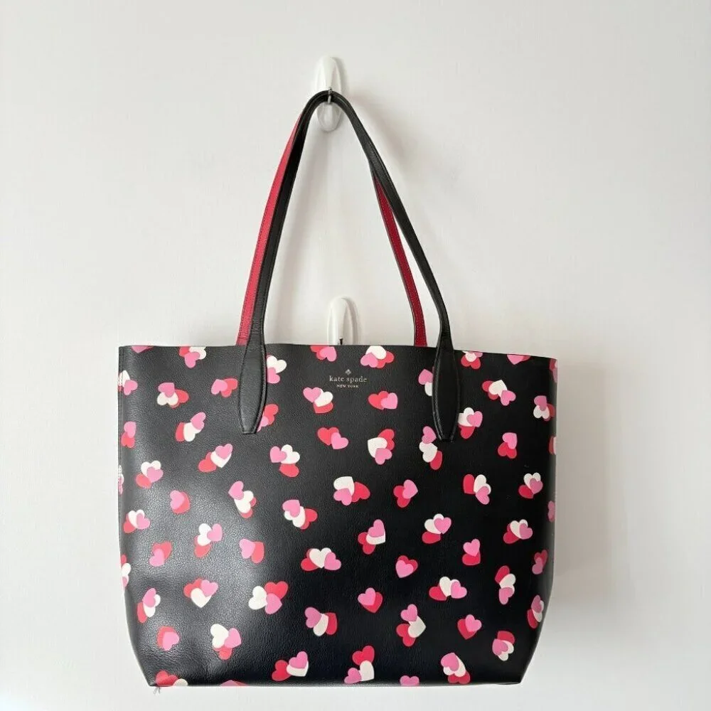 Kate Spade Reversible Flutter Hearts Large Tote Bag Purse Black Red Pink